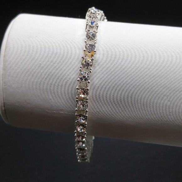 CZ Rhinestone Tennis Style Bracelet, Silver Tone, 7 1/4 Inches - Picture 3 of 7